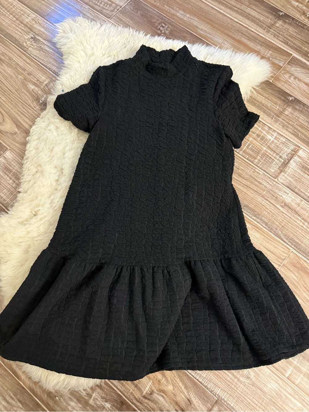 Zara Black Textured Ruffle-Hem Mock Neck Dress